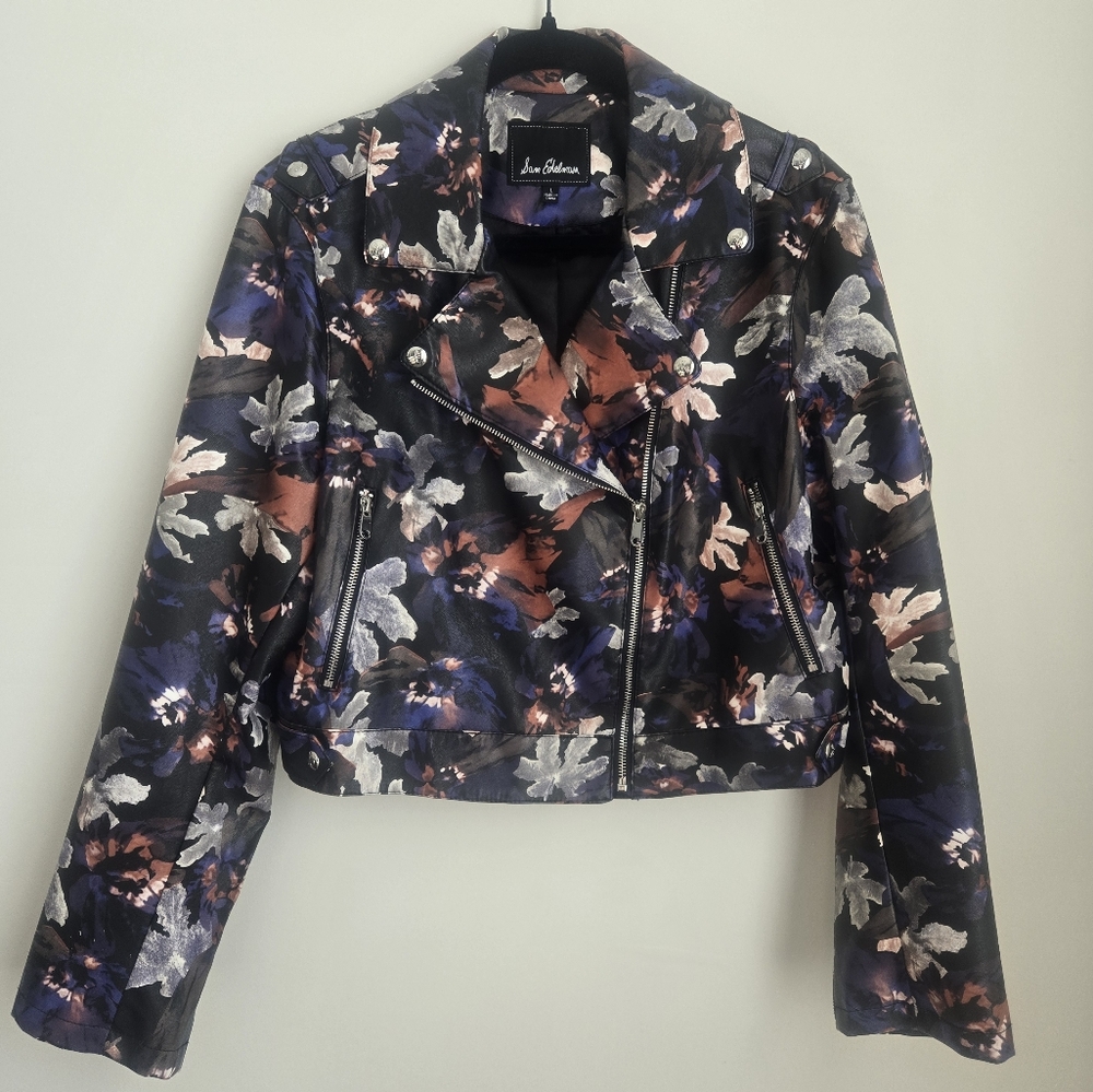 Sam Edelman Faux Leather Moto Jacket Black with Dark Floral Print